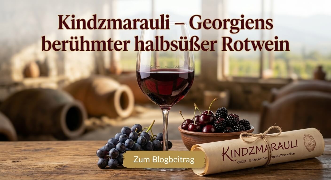 Kindzmarauli – Georgiens berühmter halbsüßer Rotwein Bild mit Kindzmarauli Glas und georgisches Marani im Hintergrund