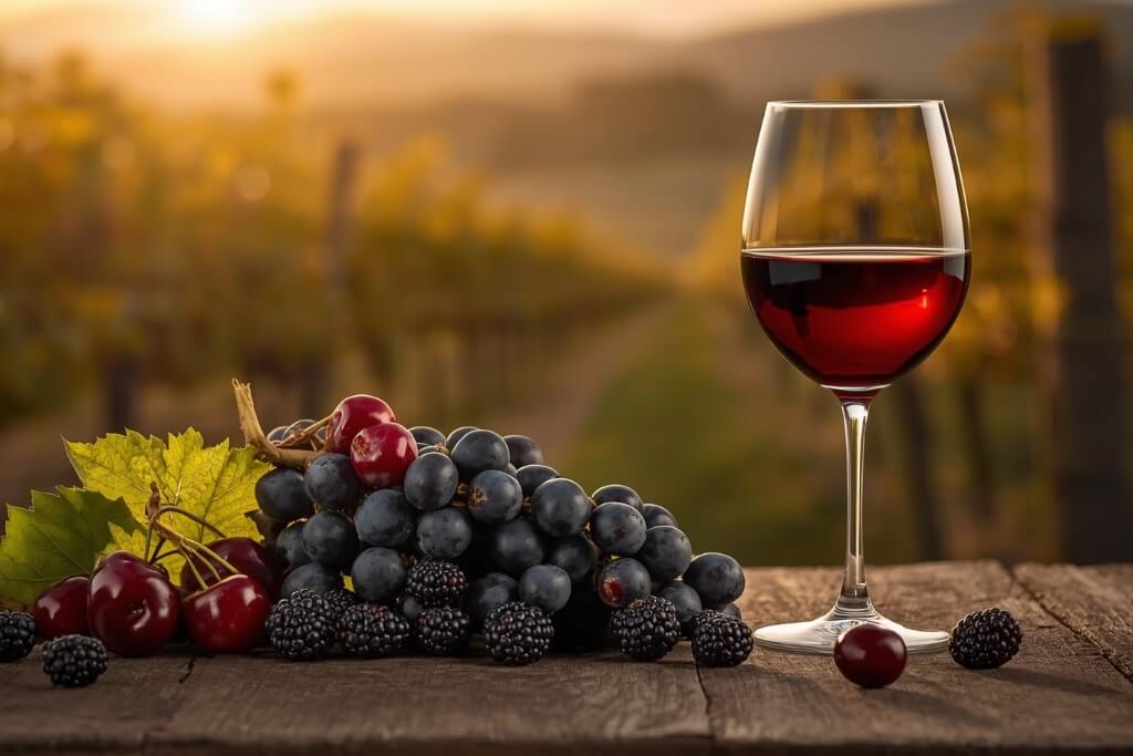 Glas Kindzmarauli mit tief rubinroter Farbe, umgeben von Saperavi-Trauben sowie dunklen Kirschen und Brombeeren.