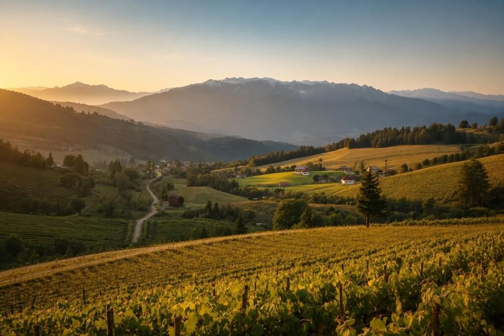 Georgische Weinlandschaft mit Weinbergen verschiedener Weinregionen vor der Kulisse des Kaukasus.