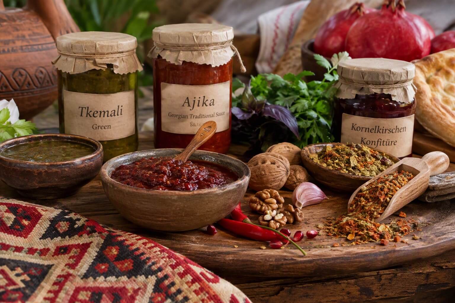 Georgische Feinkost mit Tkemali, Ajika, Gewürzen und Konfitüre