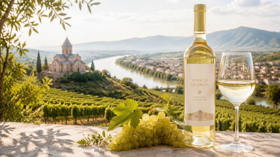 Georgischer Weißwein mit Weintrauben vor Weinbergen und einer Kirche am Fluss